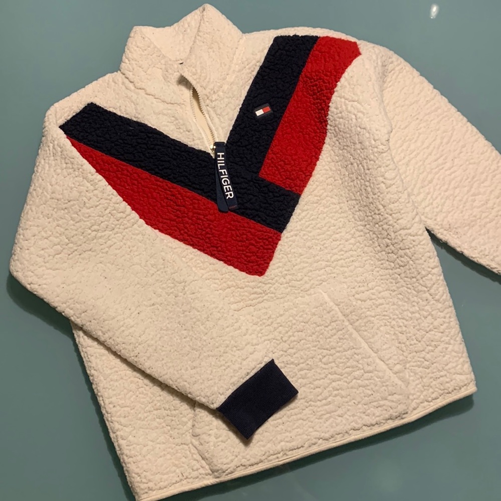 Tommy Hilfiger Sherpa-Like Oversized Pullover Mock Zippered Neck Sweater Retro